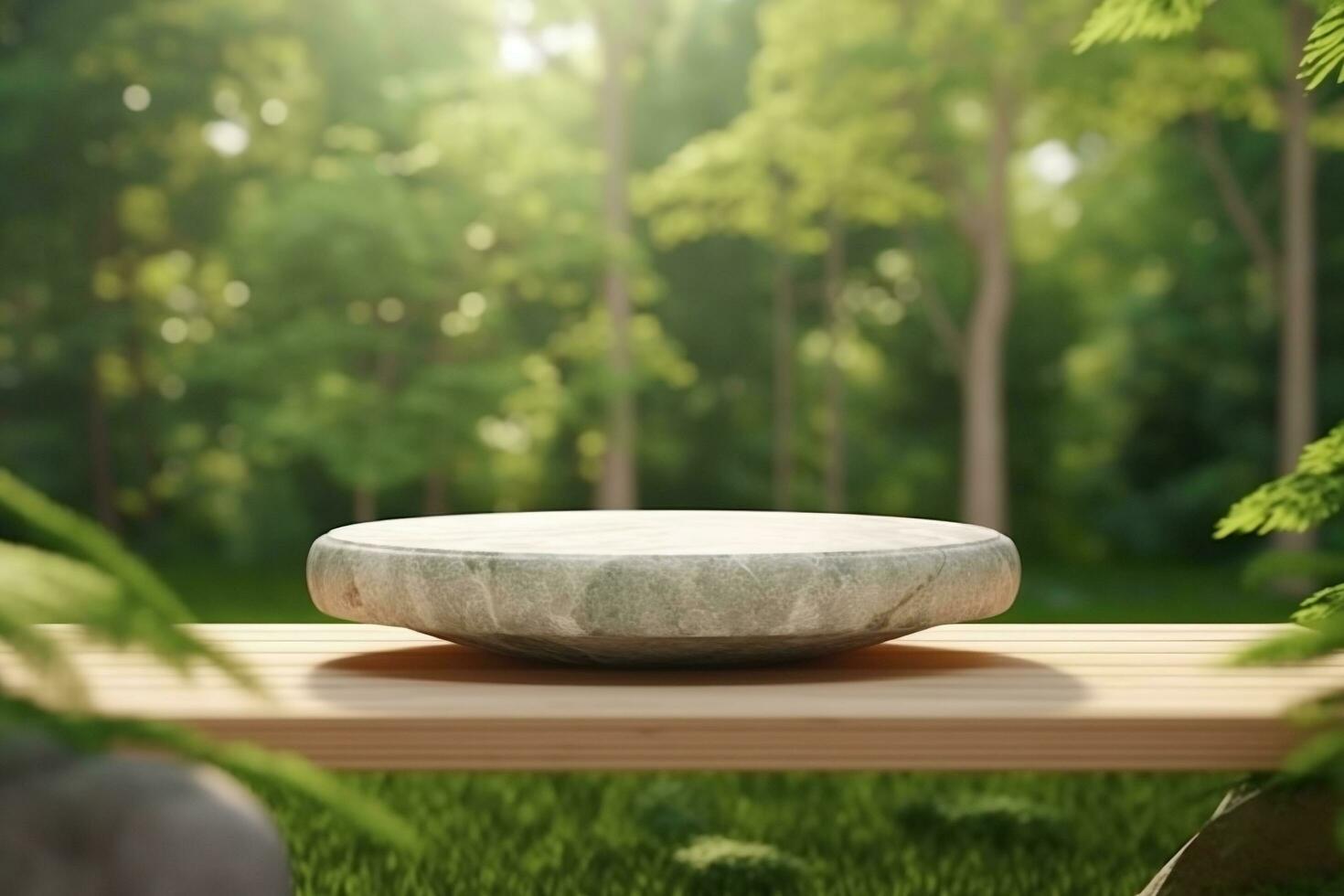 3d rendering stone product display podium for product with green nature garden background ai generated photo
