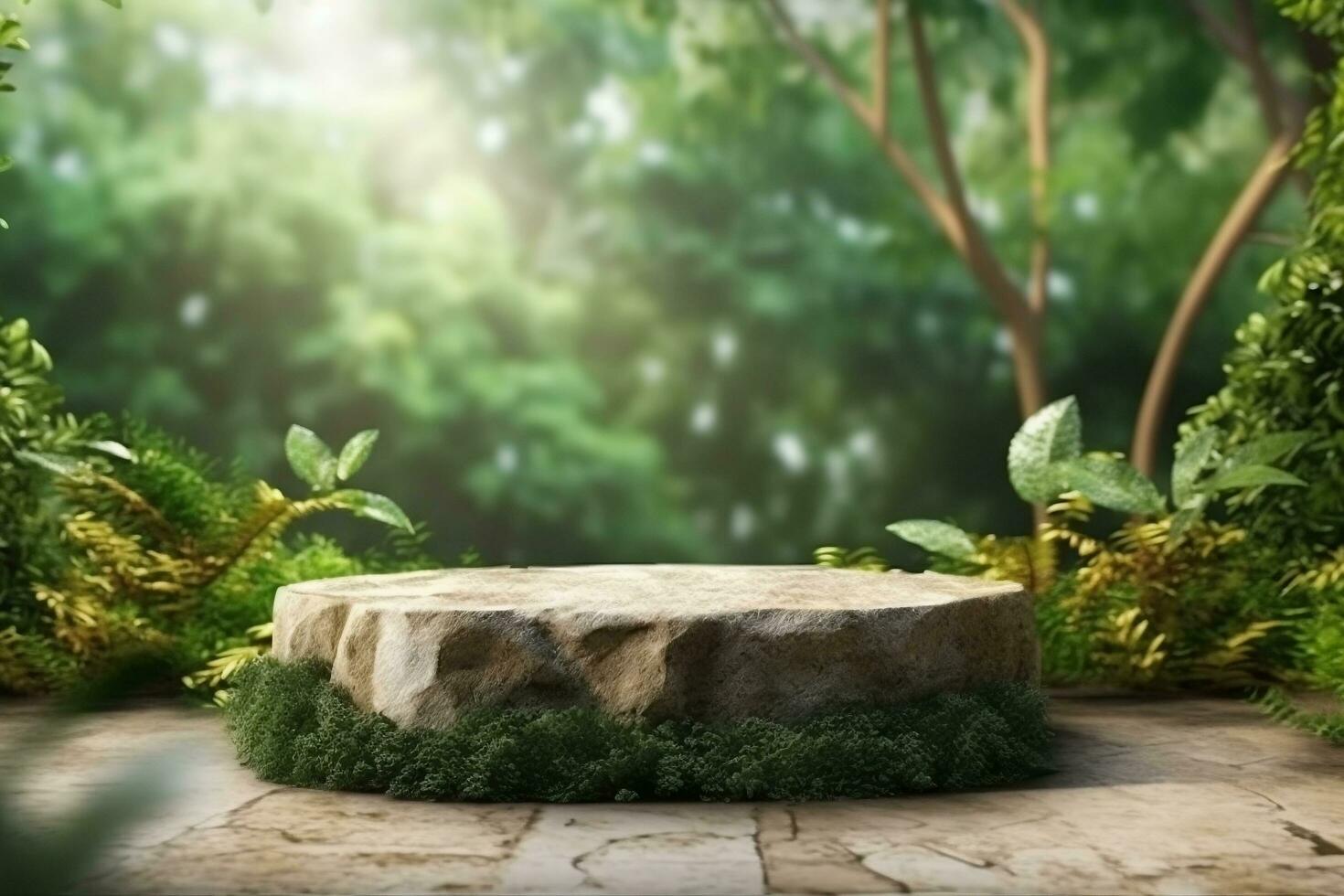 3d rendering stone product display podium for product with green nature garden background ai generated photo