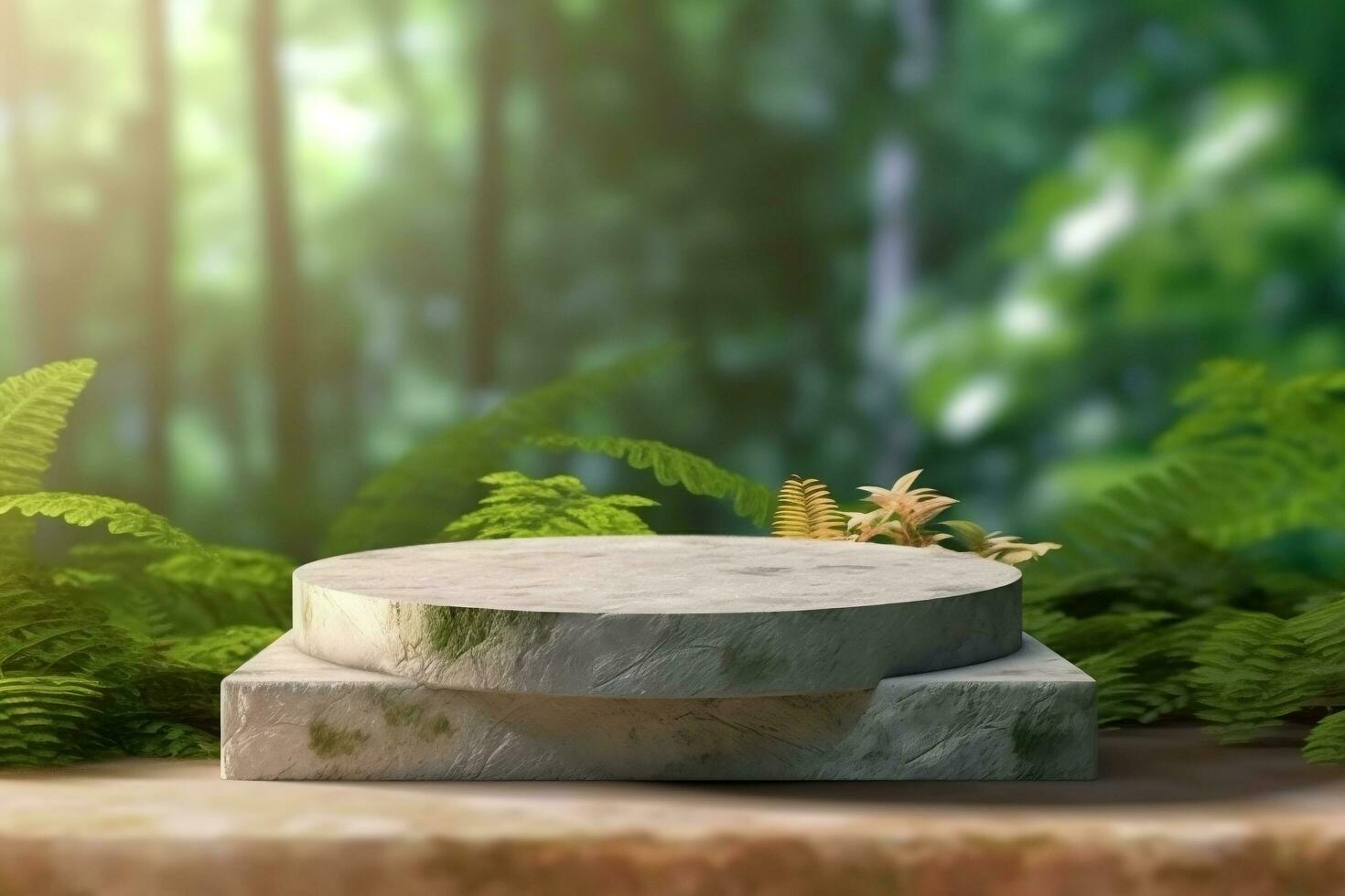 3d rendering stone product display podium for product with green nature garden background ai generated photo