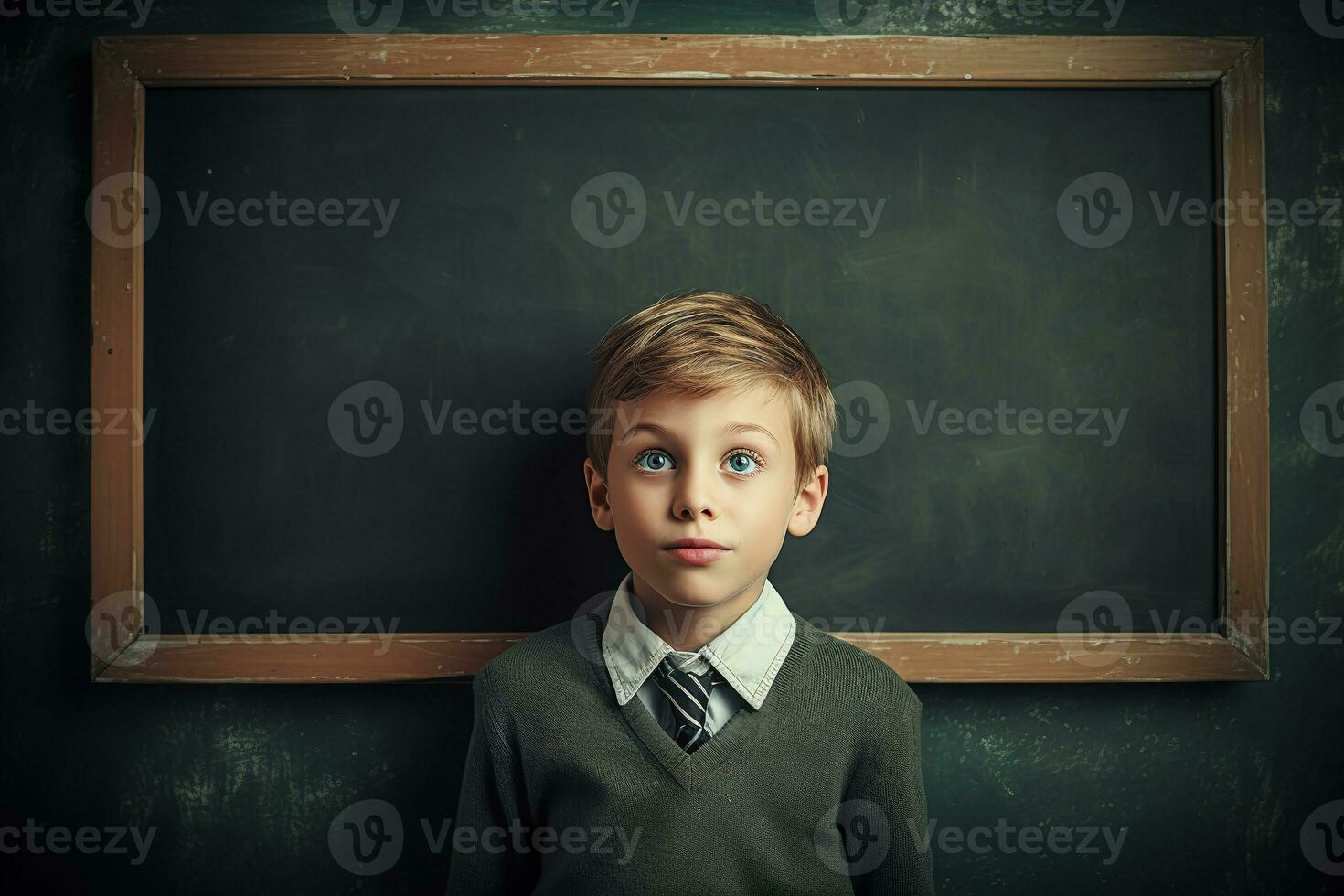 Cute boy with blackboard background. Generative Ai. photo