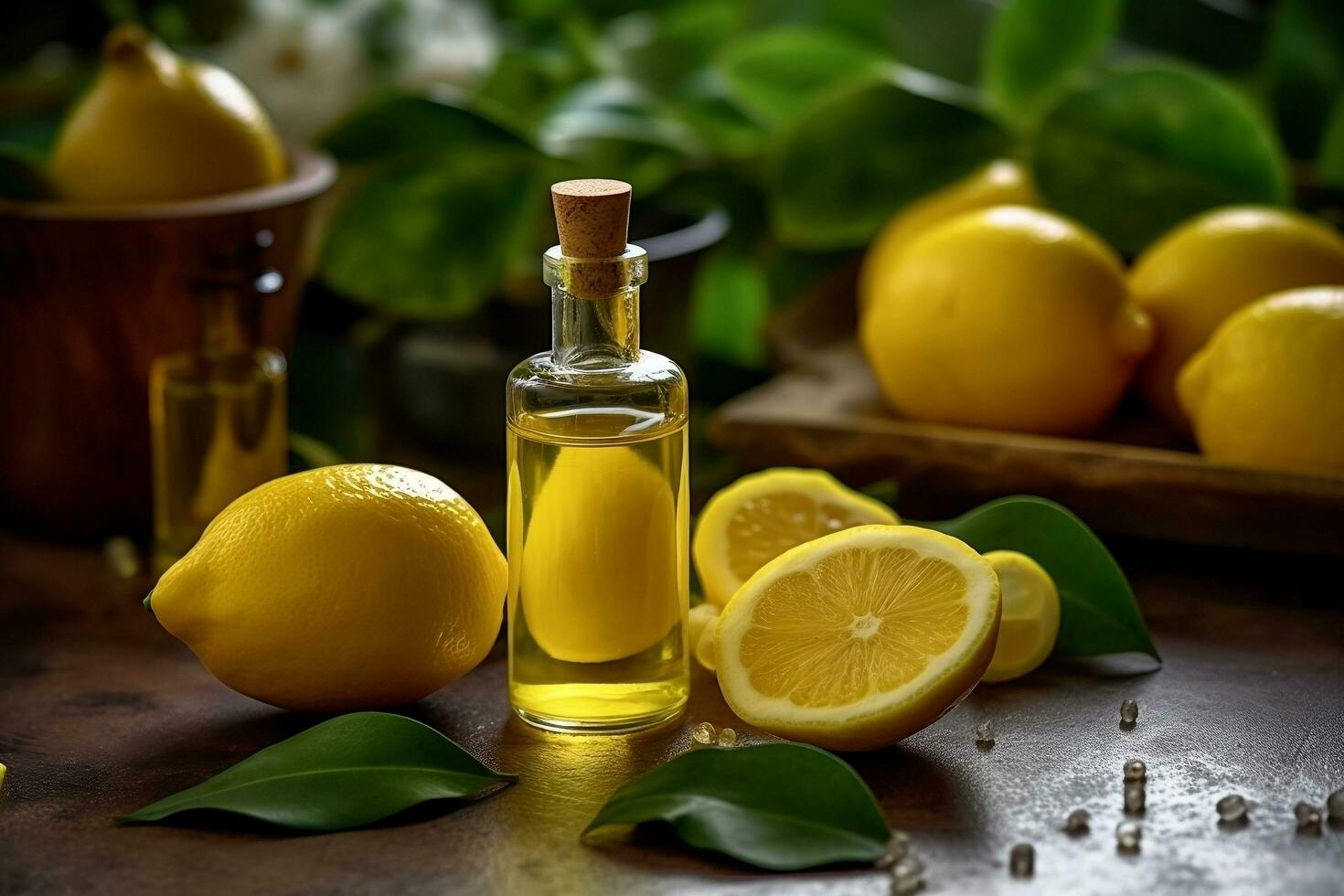 lemon essential oil alongside lemon and lemon leaves on a table ai generated photo