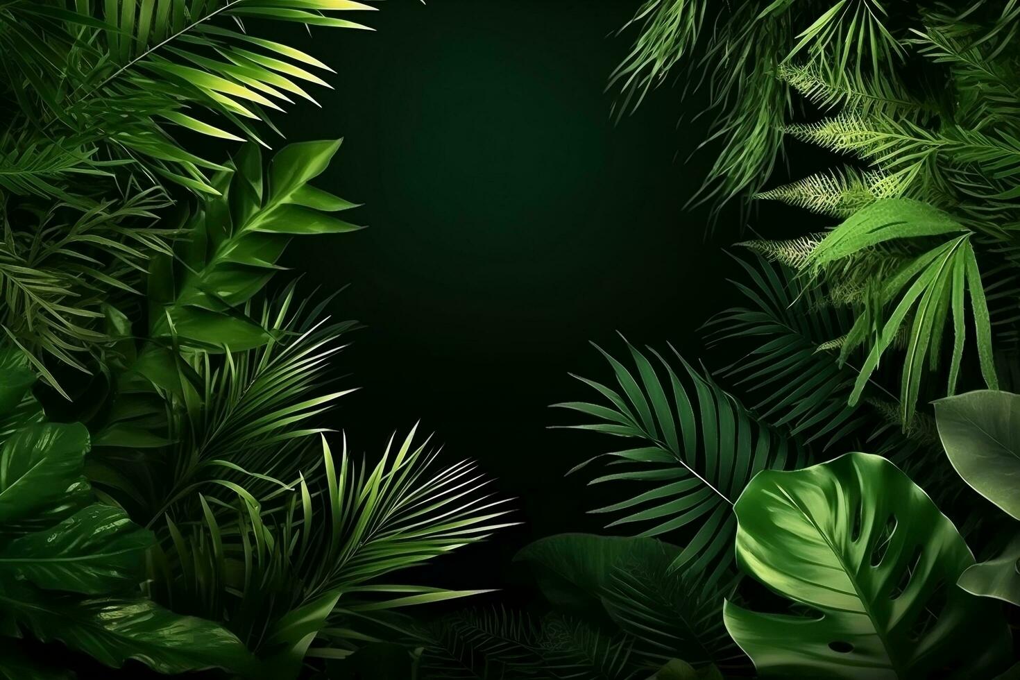 Green tropical monstera leaves, palm leaves and various leaves panoramic background ai generated photo