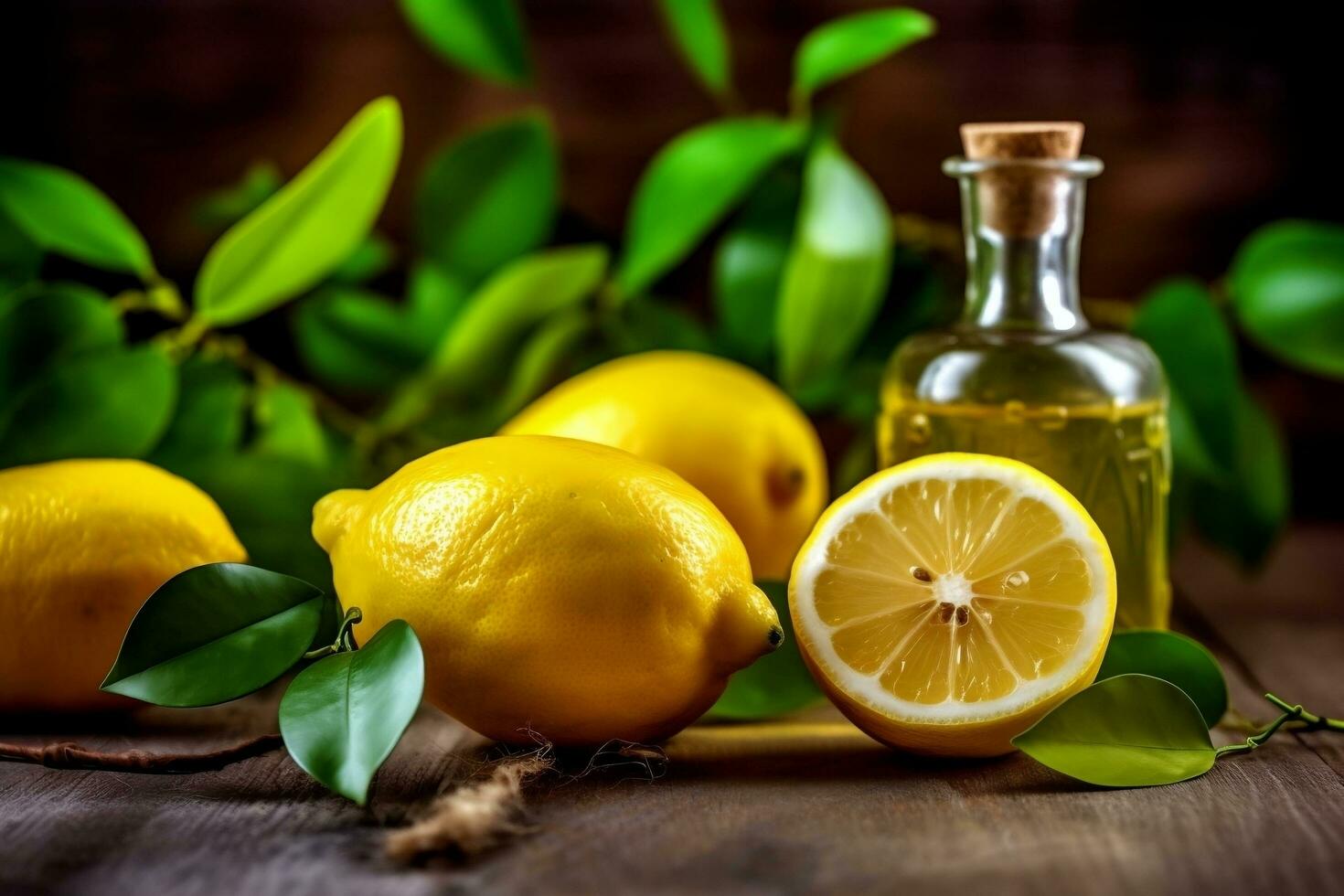lemon essential oil alongside lemon and lemon leaves on a table ai generated photo
