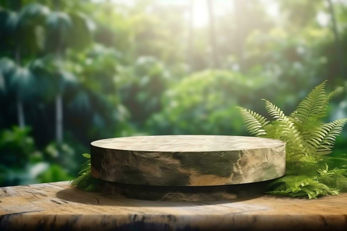 3d rendering stone product display podium for product with green nature garden background ai generated photo