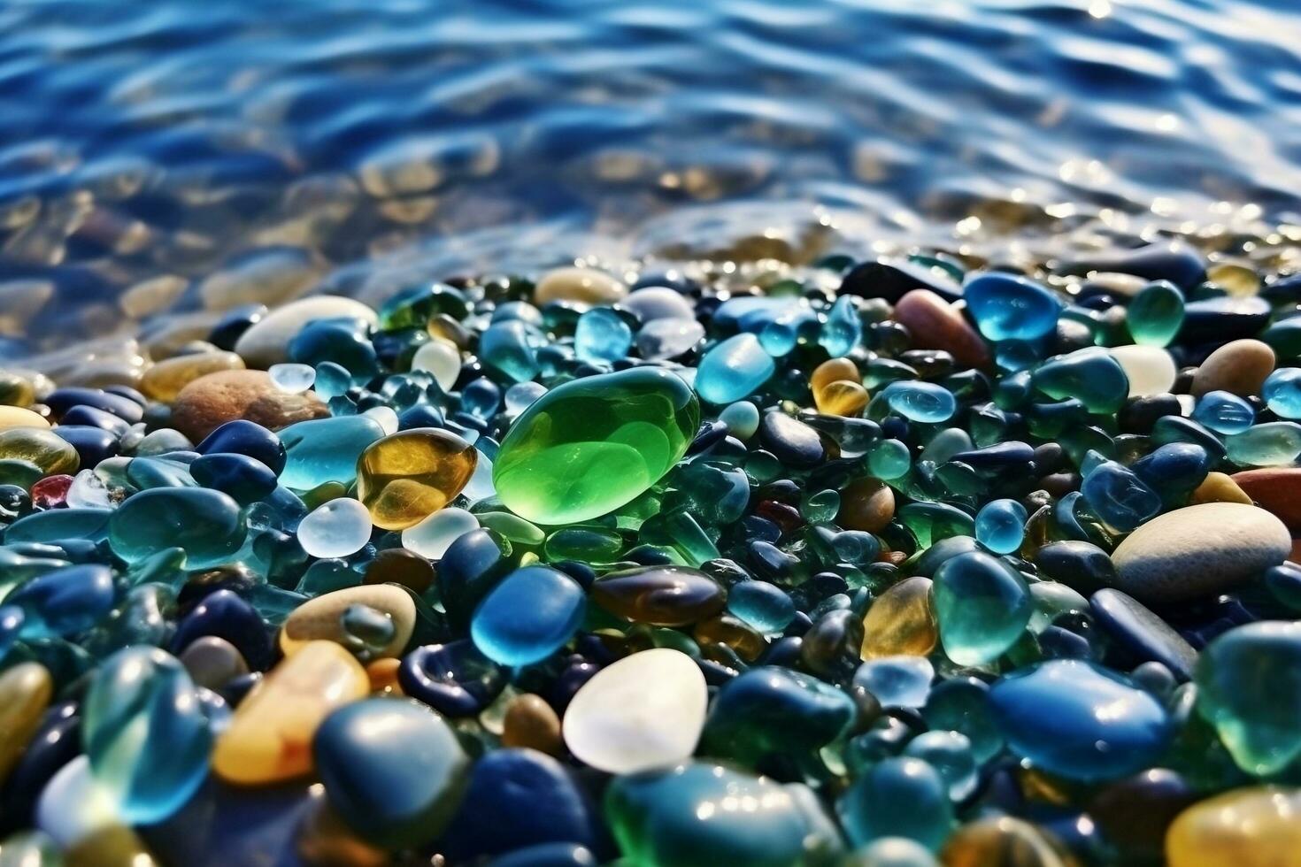 Natural polish textured sea glasses and stones on the seashore ai generated photo