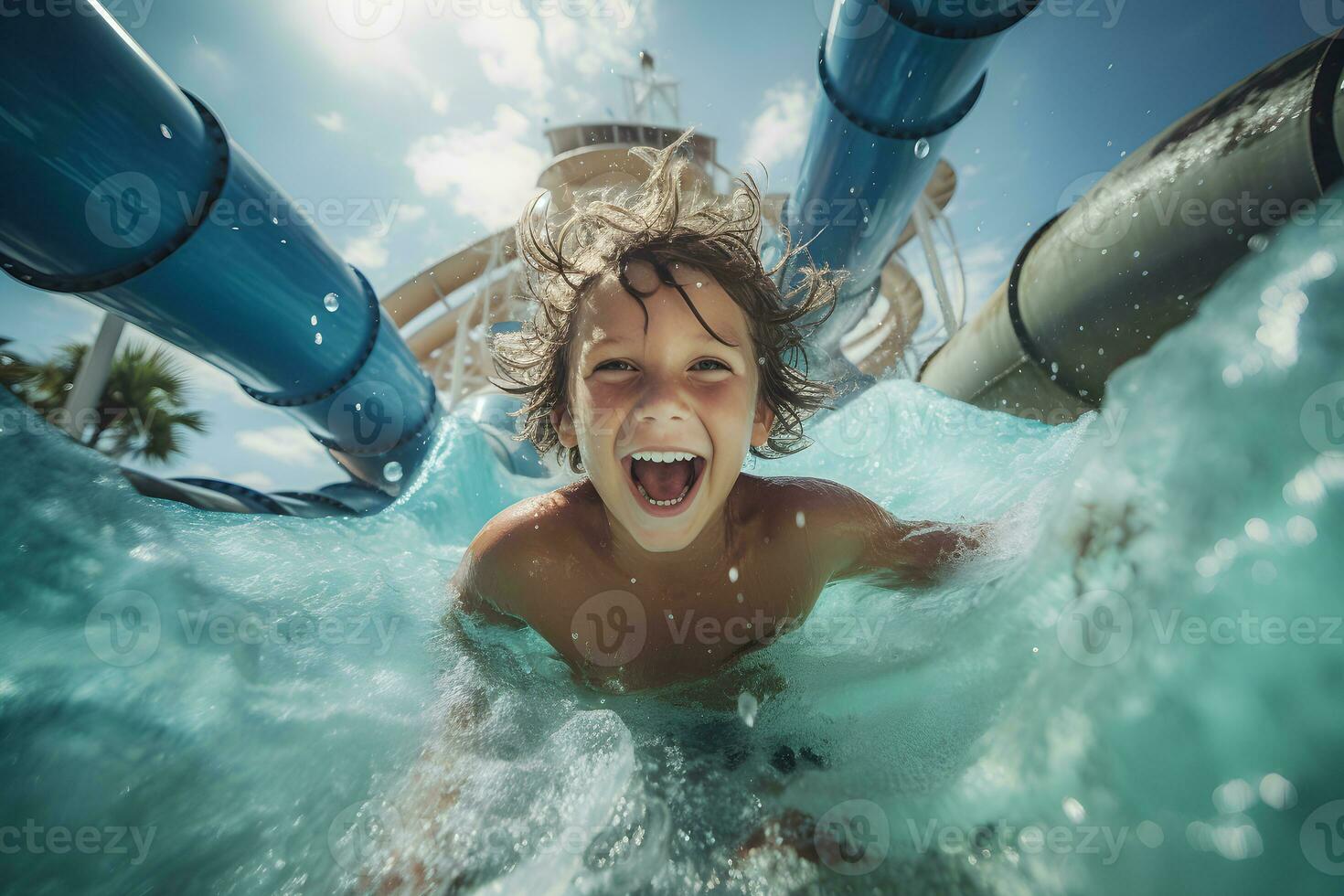 Kid smiling playing slider at amusement park. Generative Ai. photo
