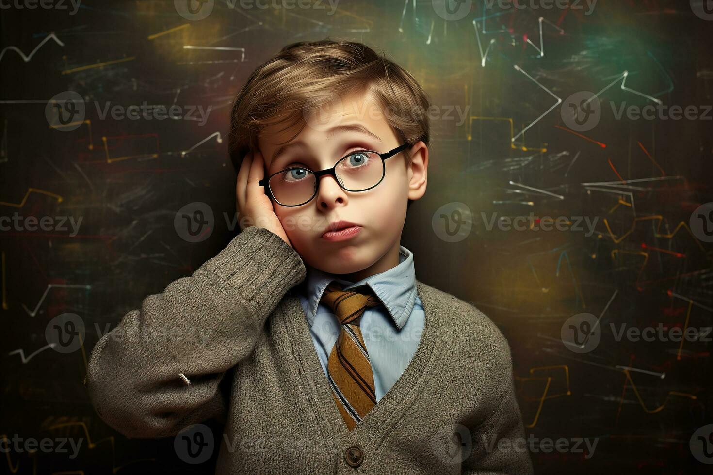 Cute boy with blackboard background. Generative Ai. photo