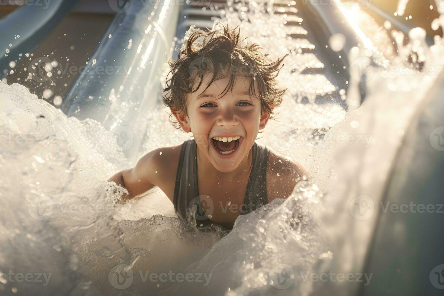 Kid smiling playing slider at amusement park. Generative Ai. photo