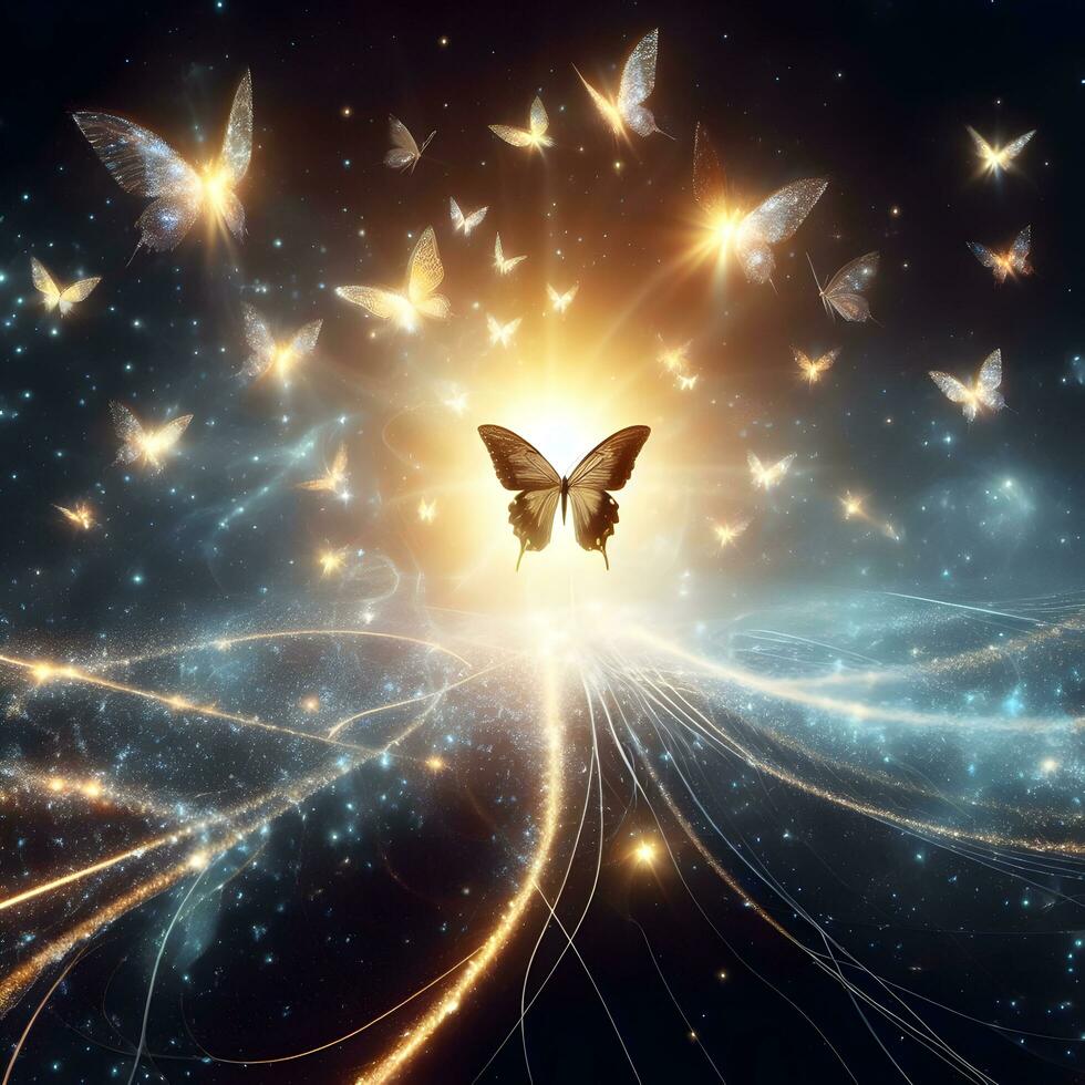 Celestial Ballet, Ethereal Butterflies Paint the Cosmos with Stardust Trails. Ai generated photo