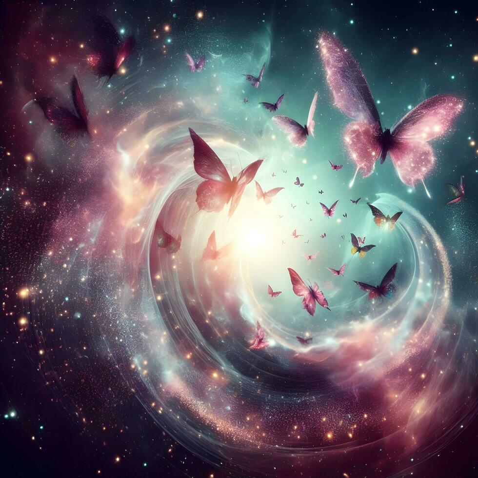 Celestial Ballet, Ethereal Butterflies Paint the Cosmos with Stardust Trails. Ai generated photo