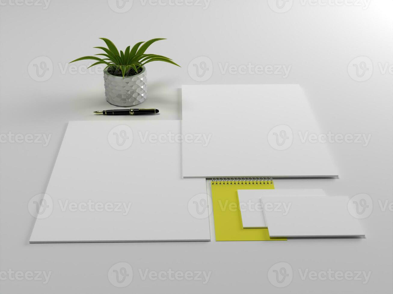 3D render empty white stationery set mockup template photo with white background front top side view.