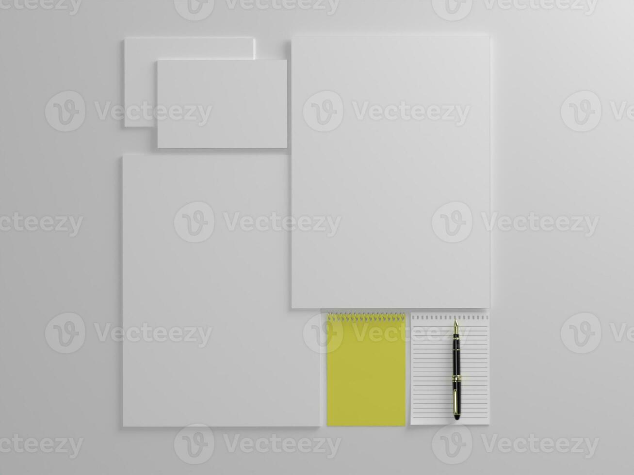 3D render two white paper stationary set for  mockup template with white background side view photo