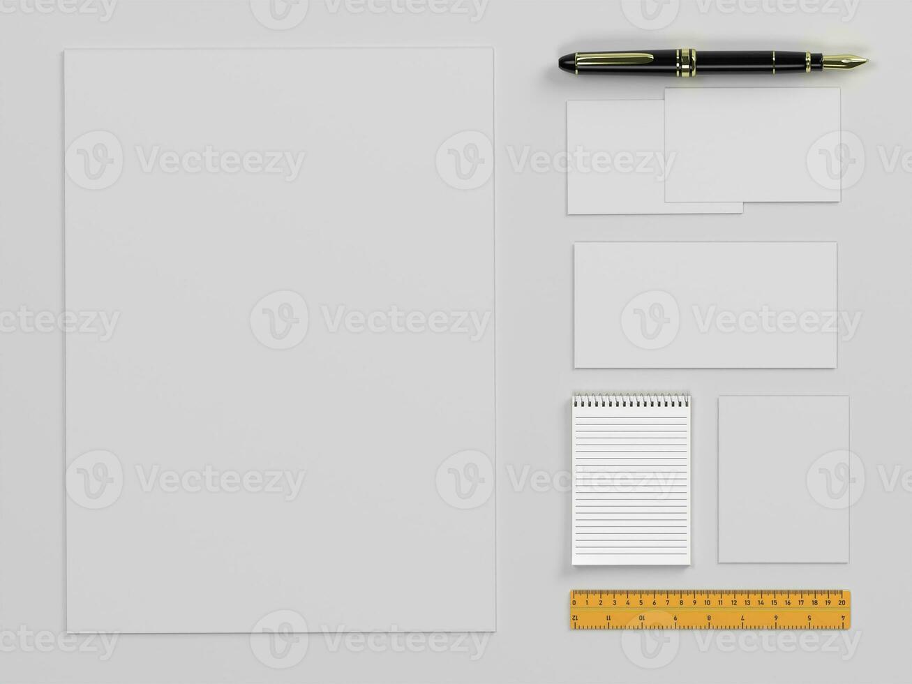 3D render two white paper stationary set for  mockup template with white background side view photo