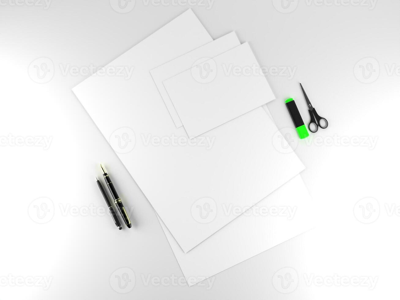 3D render two white paper stationary set for  mockup template with white background side view photo