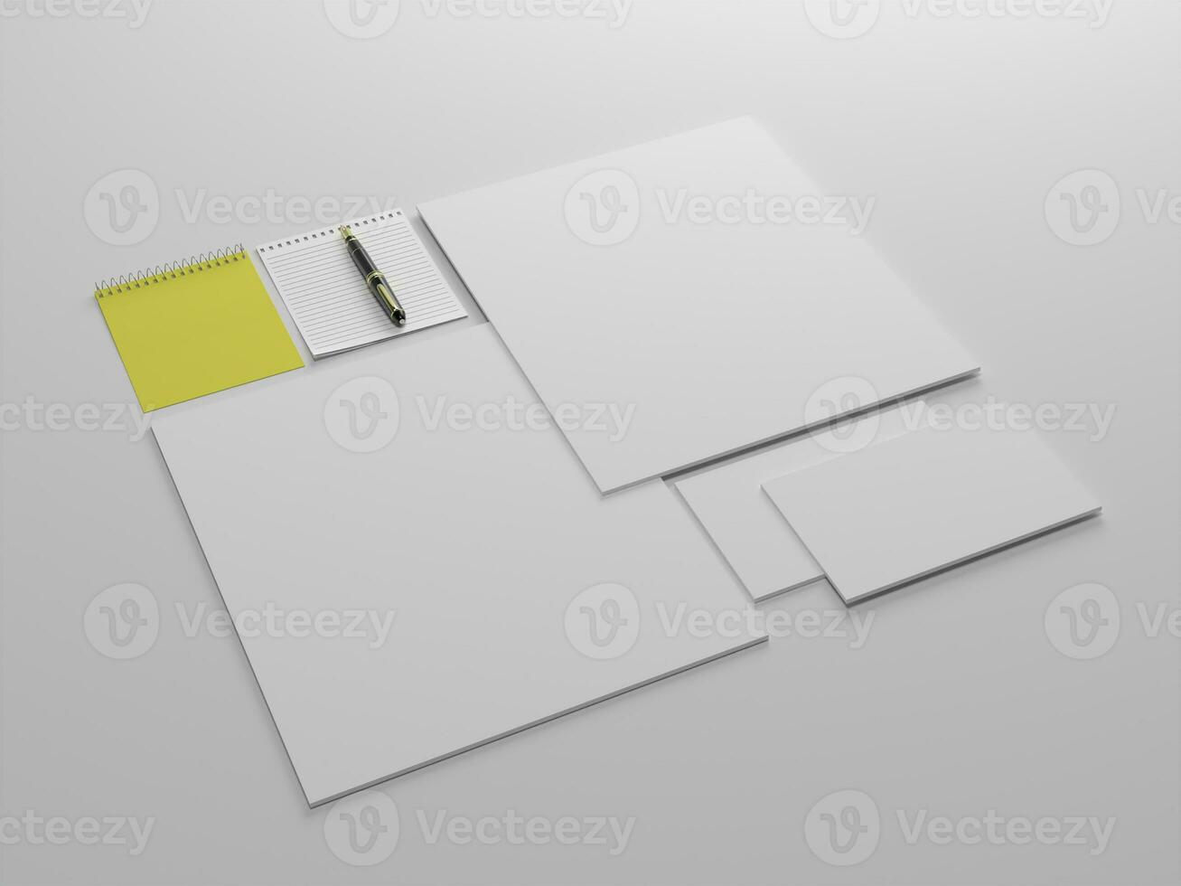 3D render two white paper stationary set for  mockup template with white background side view photo