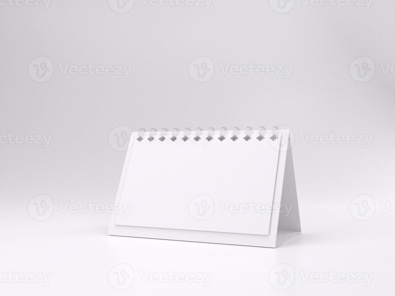 3D render empty white desk calendar mockup template photo with white background front left view