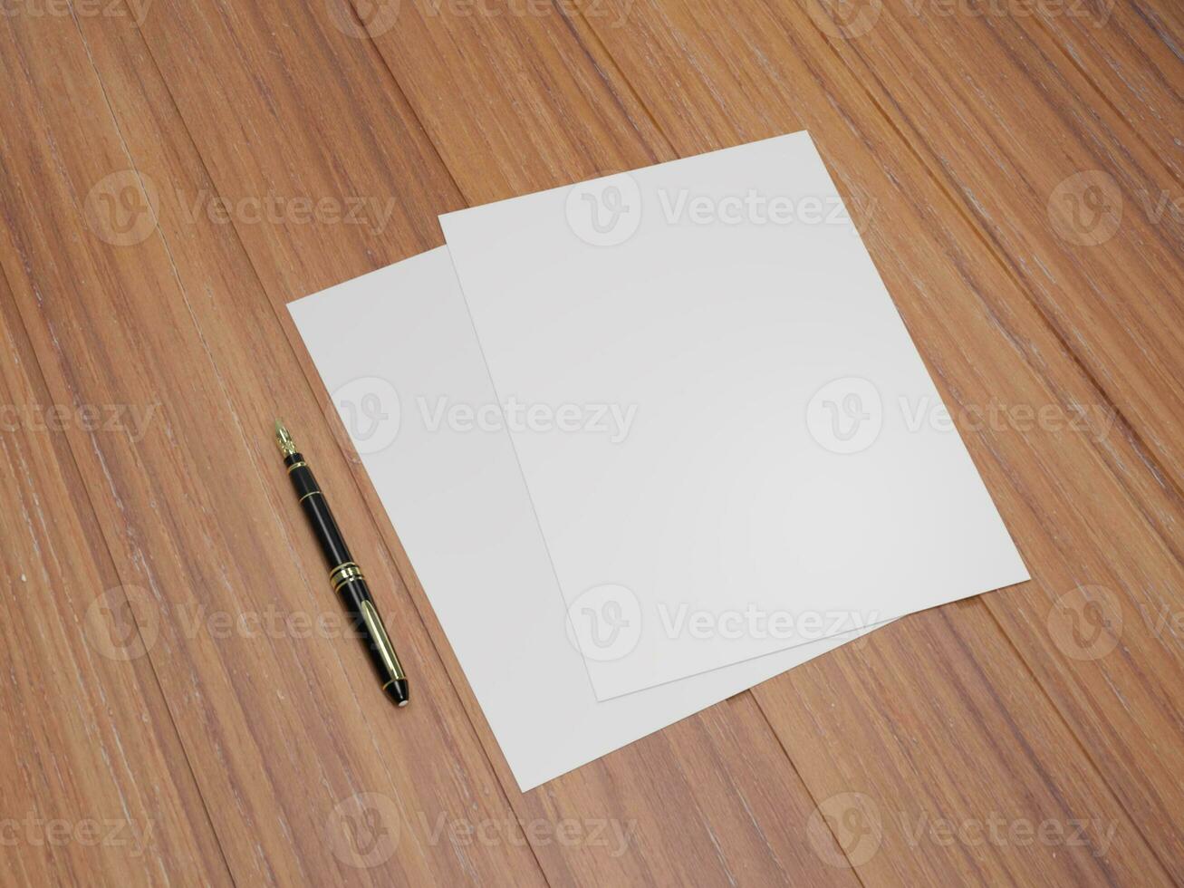 3D render empty white brochure mockup template photo in the wooden background top side view