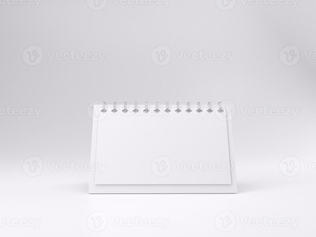 3D render empty white desk calendar mockup template photo with white background front left view