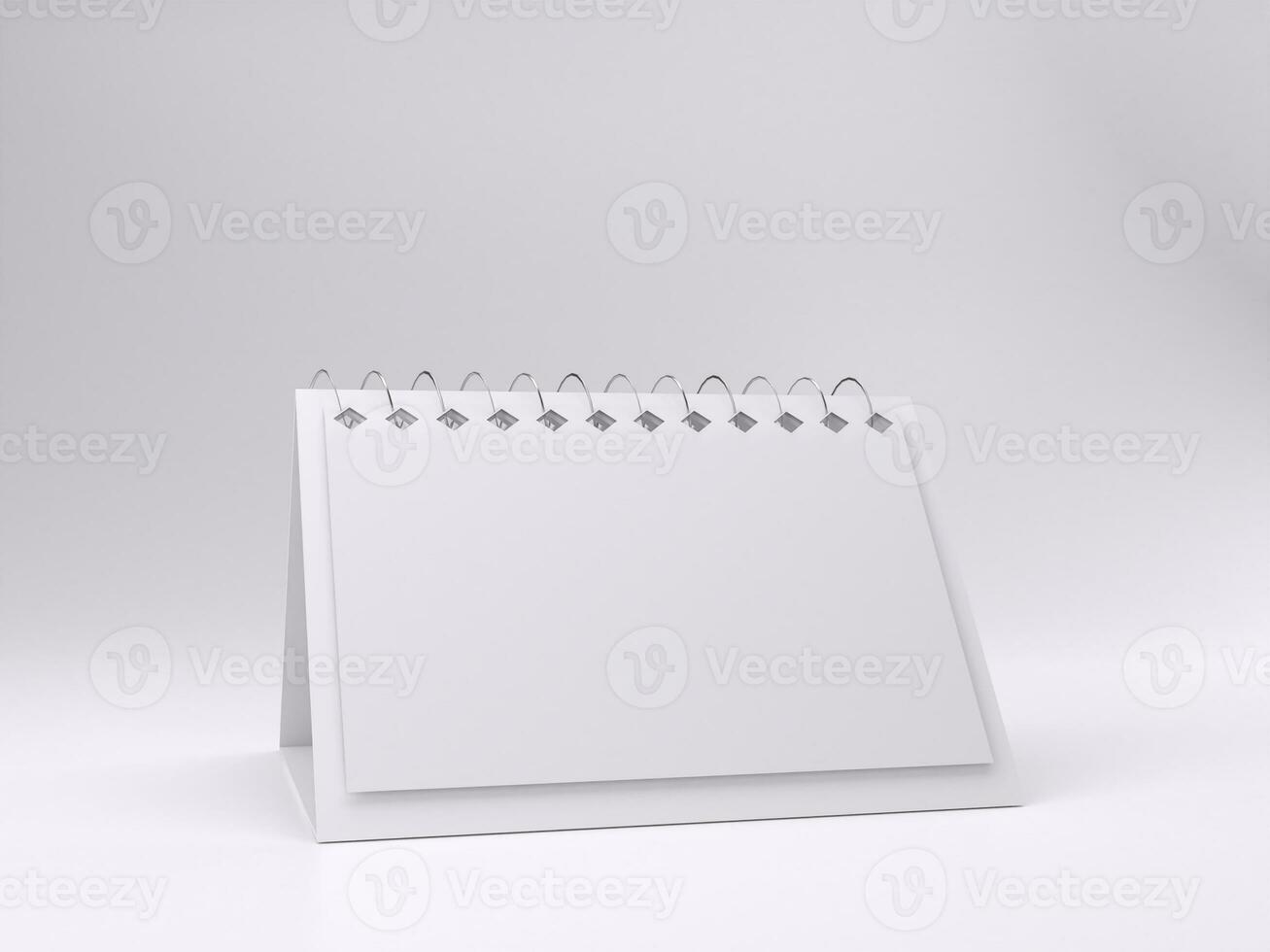 3D render empty white desk calendar mockup template photo with white background front left view