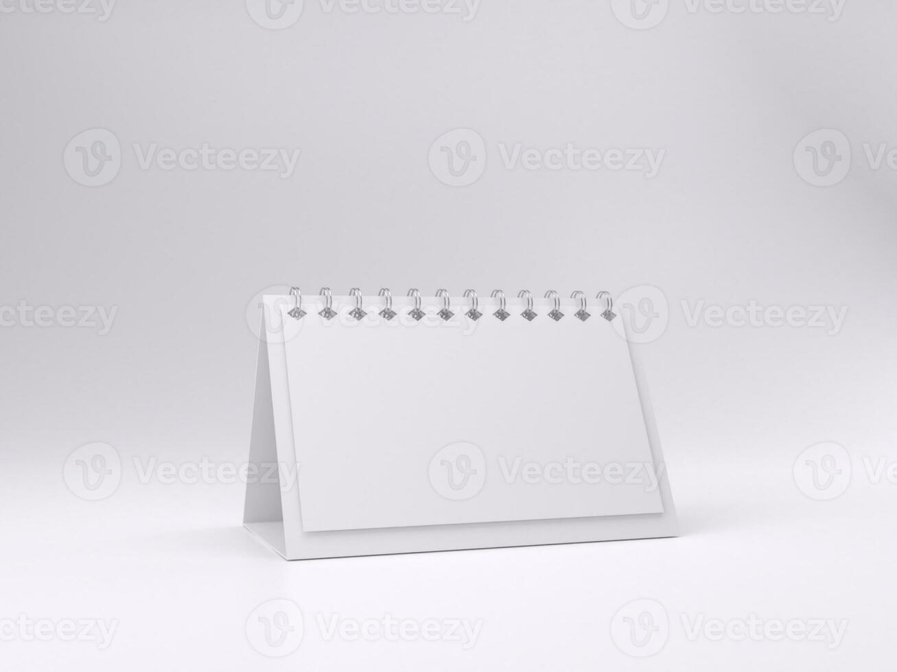 3D render empty white desk calendar mockup template photo with white background front left view