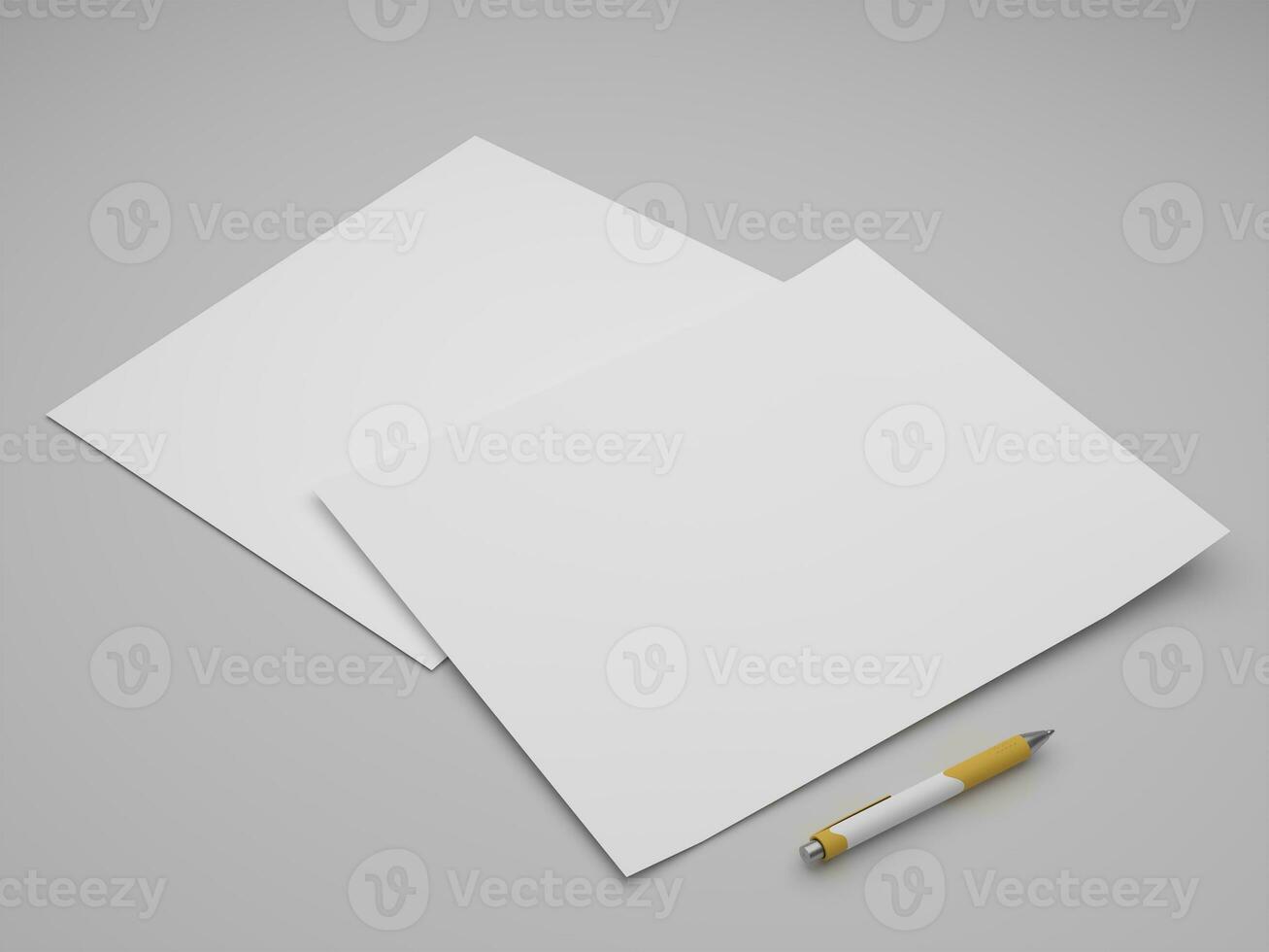 3D render two white paper letterheads for mockup template with white background side view photo