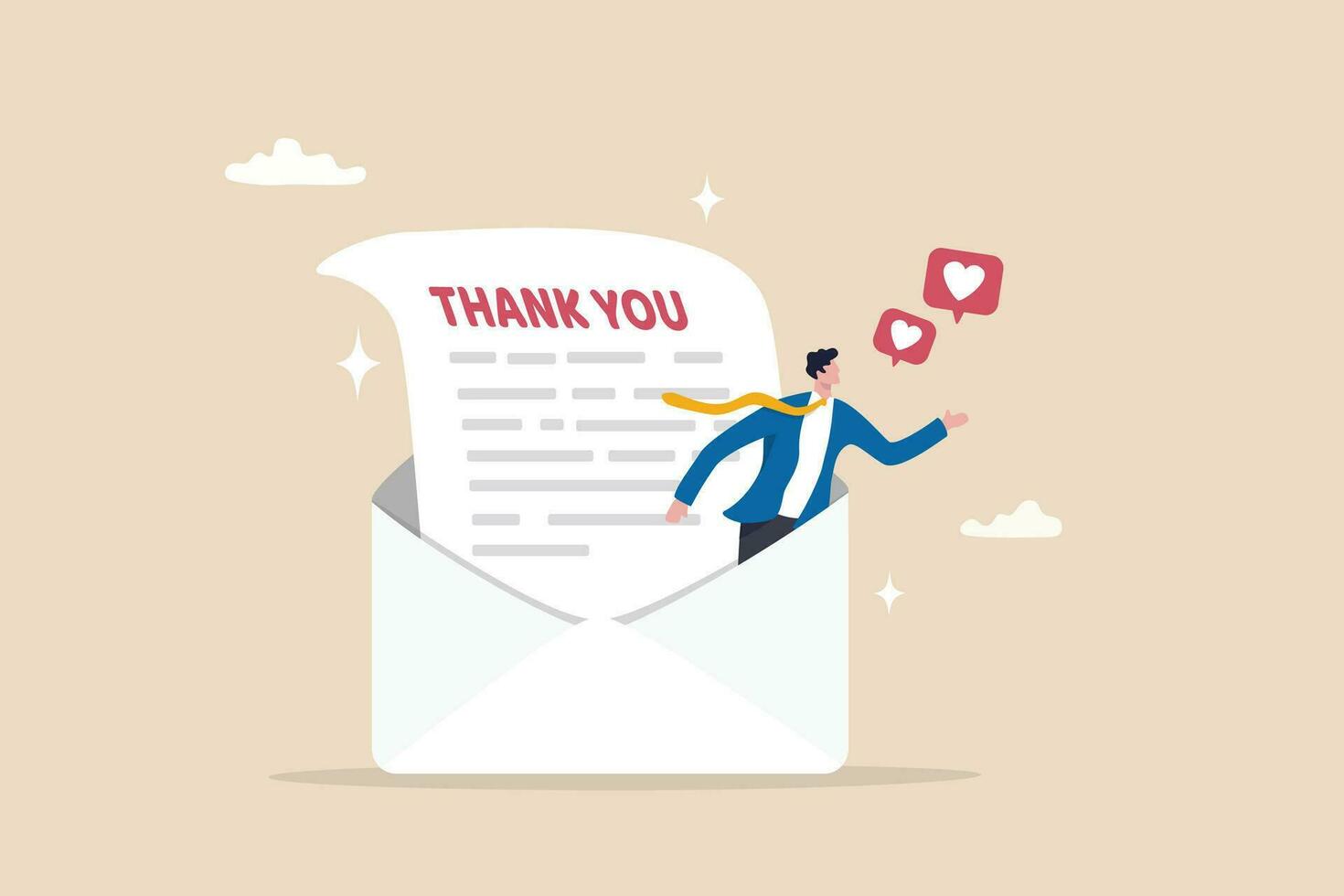 Thank you message, appreciation or greeting to client, customer or employee communication, gratitude letter email, calligraphy concept, businessman saying thank you on thanks message envelope. vector