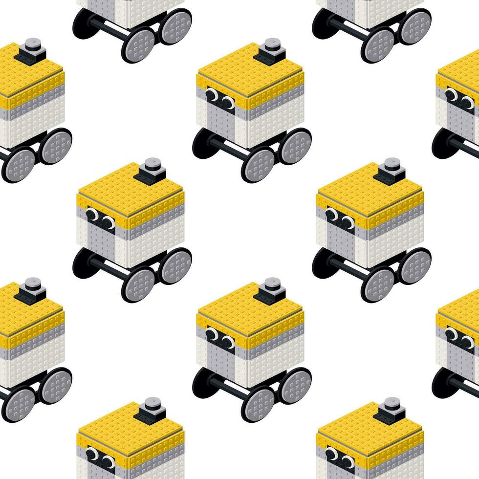 Pattern of delivery robots in isometry on a white background. Vector