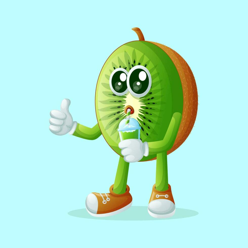 kiwi personaje Bebiendo un verde zalamero vector