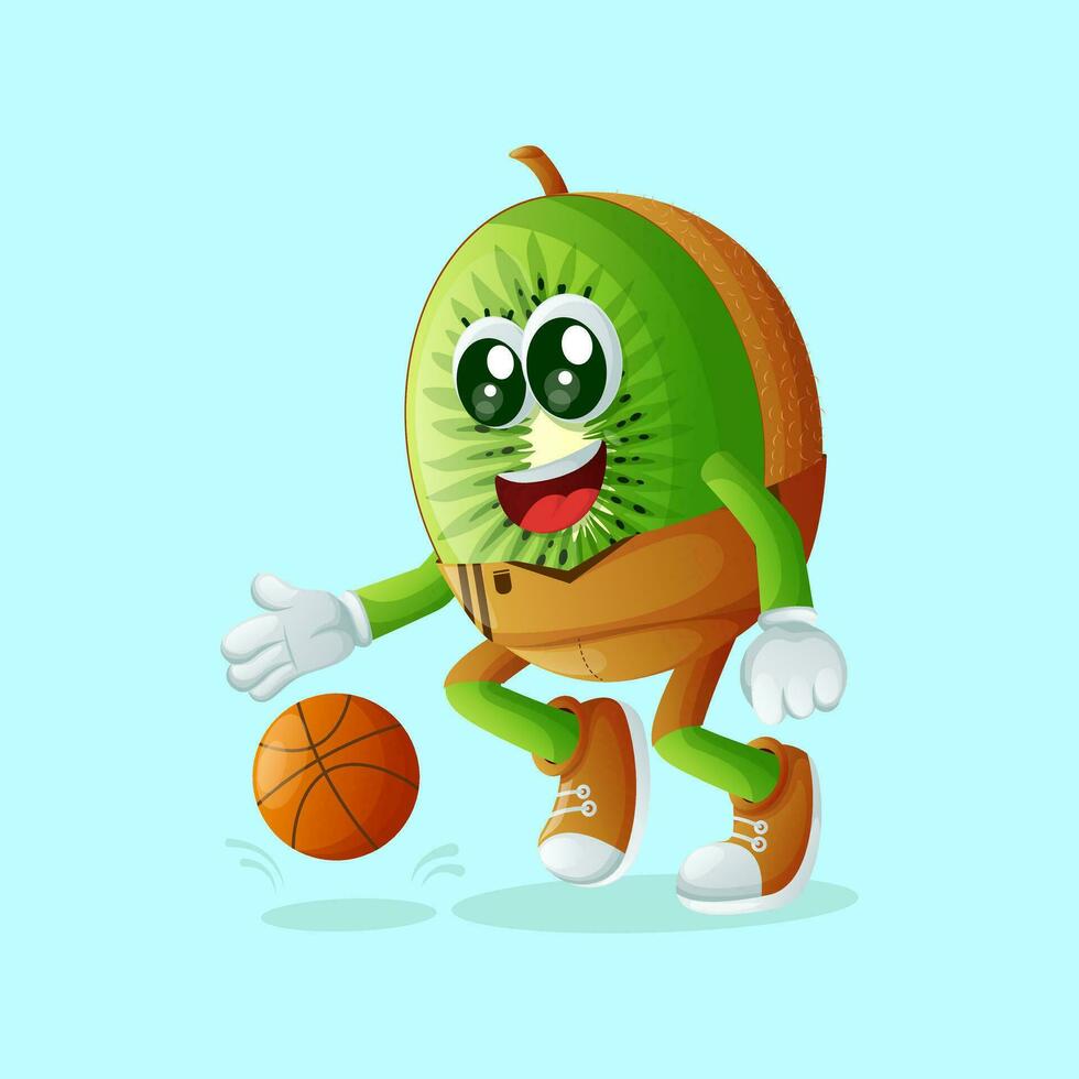 kiwi personaje regate un baloncesto vector