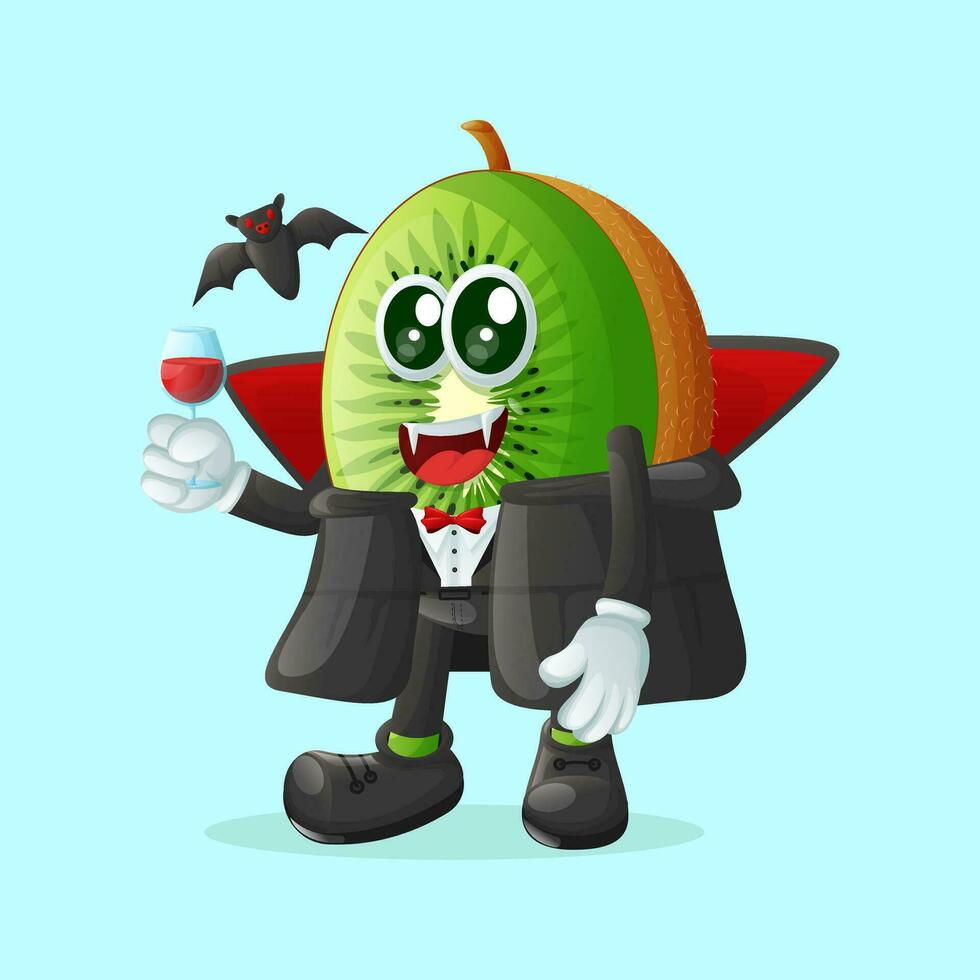 kiwi character dressed as a vampire and holding a glass vector