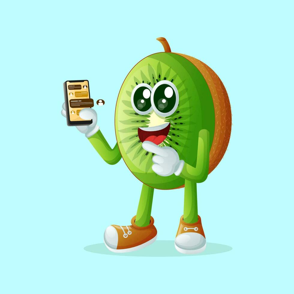 kiwi character holding a smartphone and texting vector