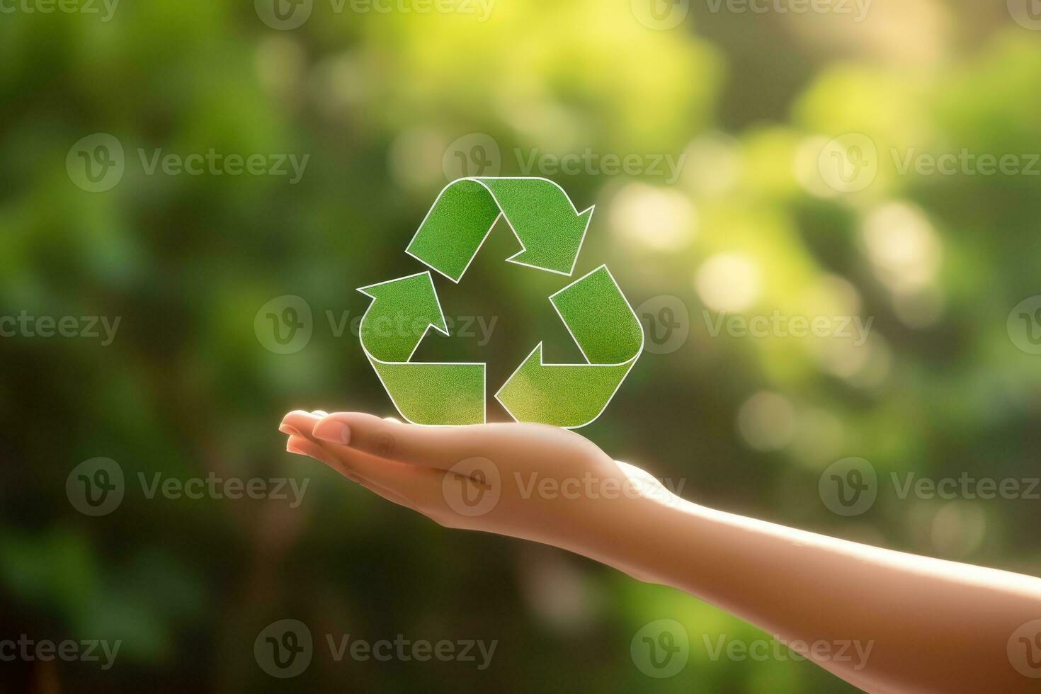 Recycle symbol on hand and bag, sustainable and eco environment concept. Generative AI photo