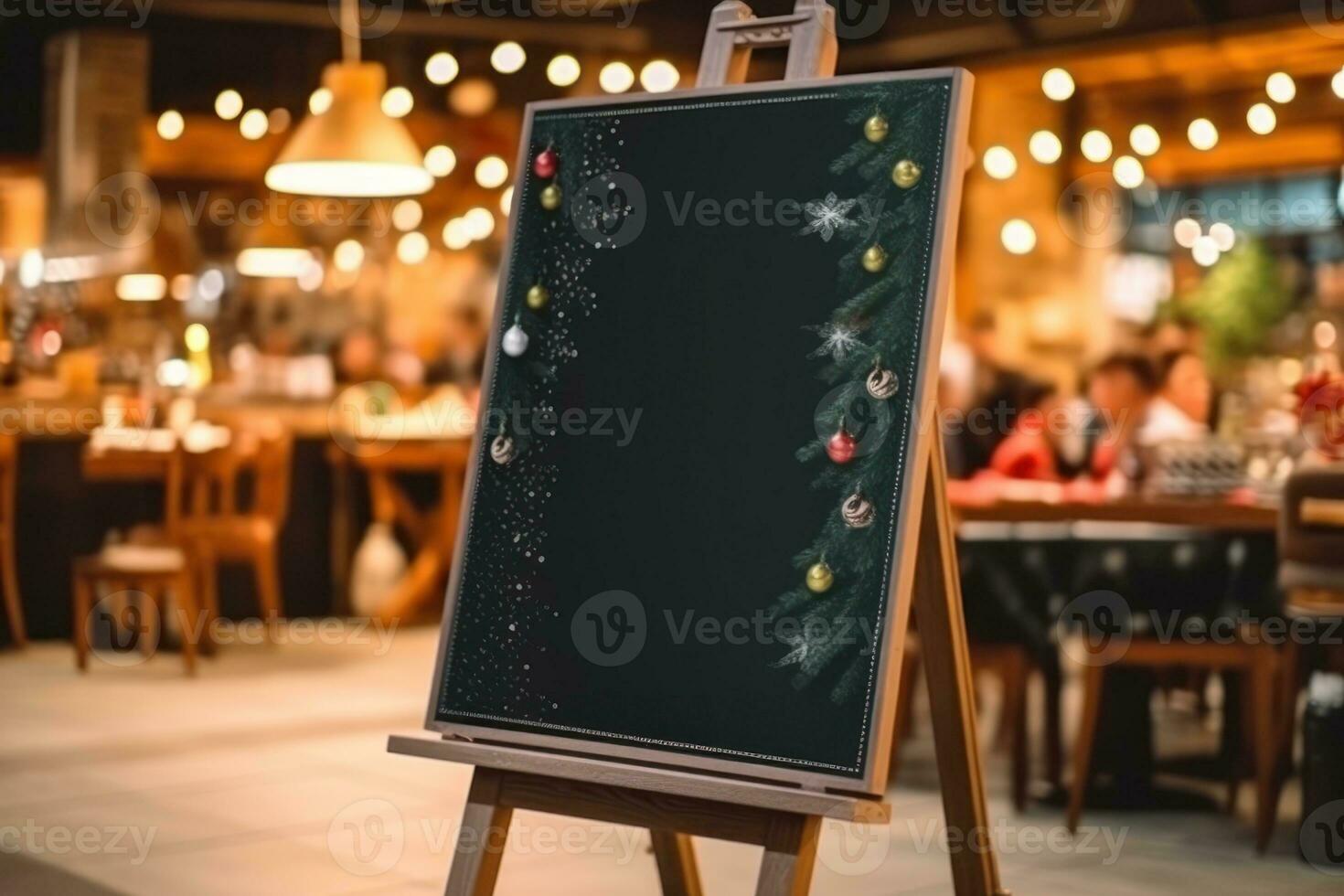 Empty blackboard sign mockup in front of a restaurant. Generative Ai photo