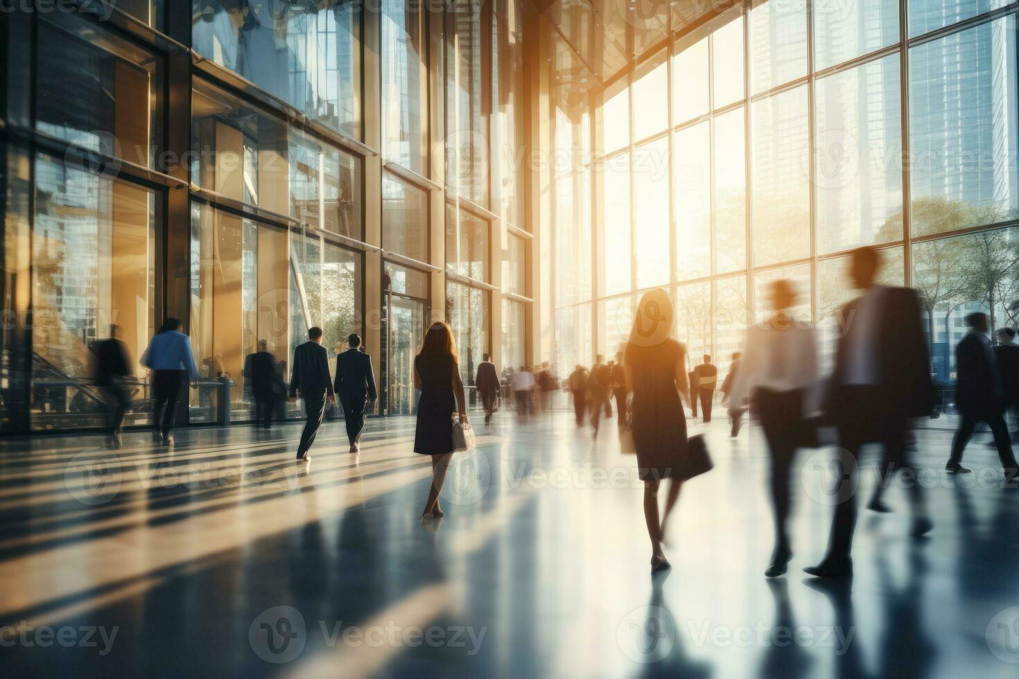 people walking to office environment. Moving crowd motion blurred background. Hand edited generative AI. photo