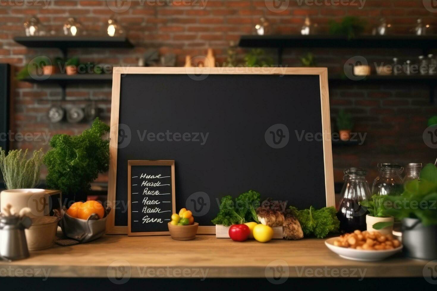 Empty blackboard sign mockup in front of a restaurant. Generative Ai photo