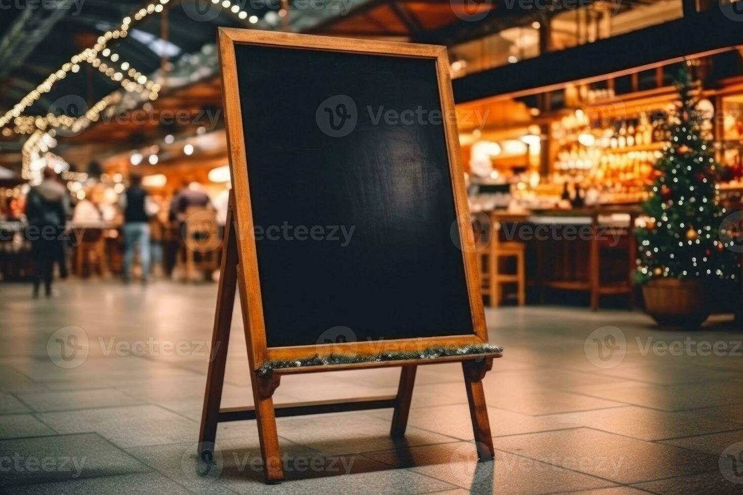 Empty blackboard sign mockup in front of a restaurant. Generative Ai photo