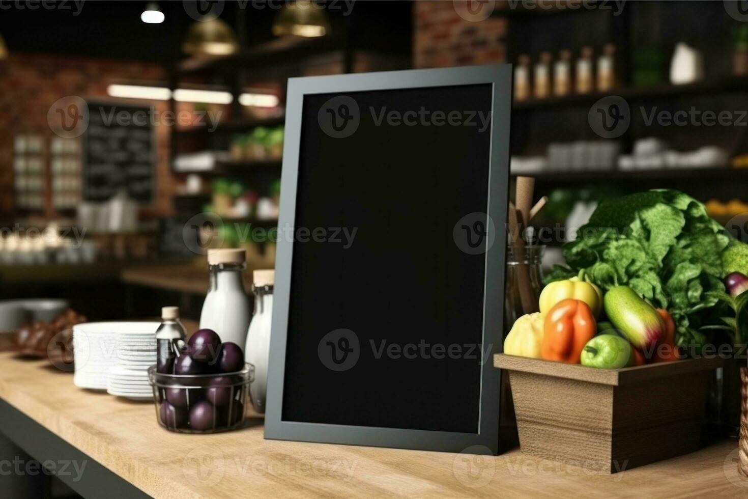 Empty blackboard sign mockup in front of a restaurant. Generative Ai photo