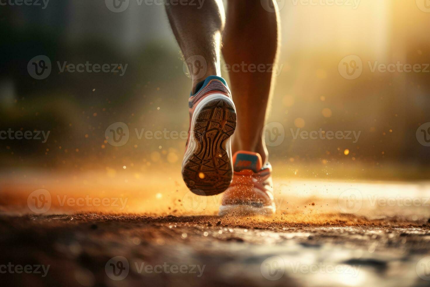 person feet with running shoe on a sport race track, Generative AI photo