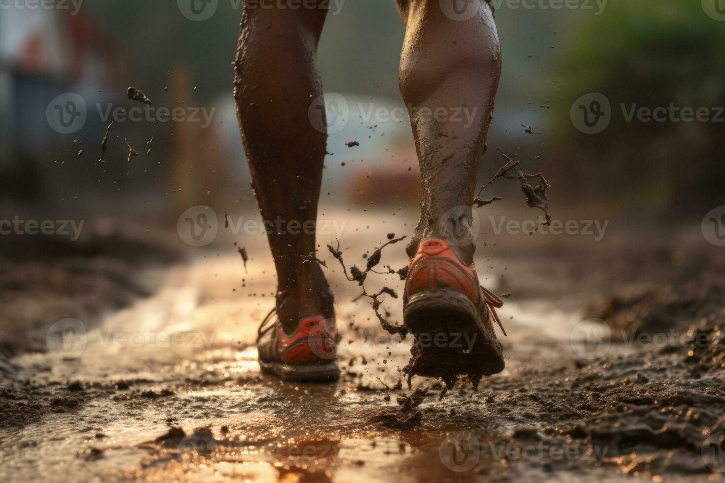 Group of close legged runners running on land . Athletics in the mud. Image generated by AI. photo