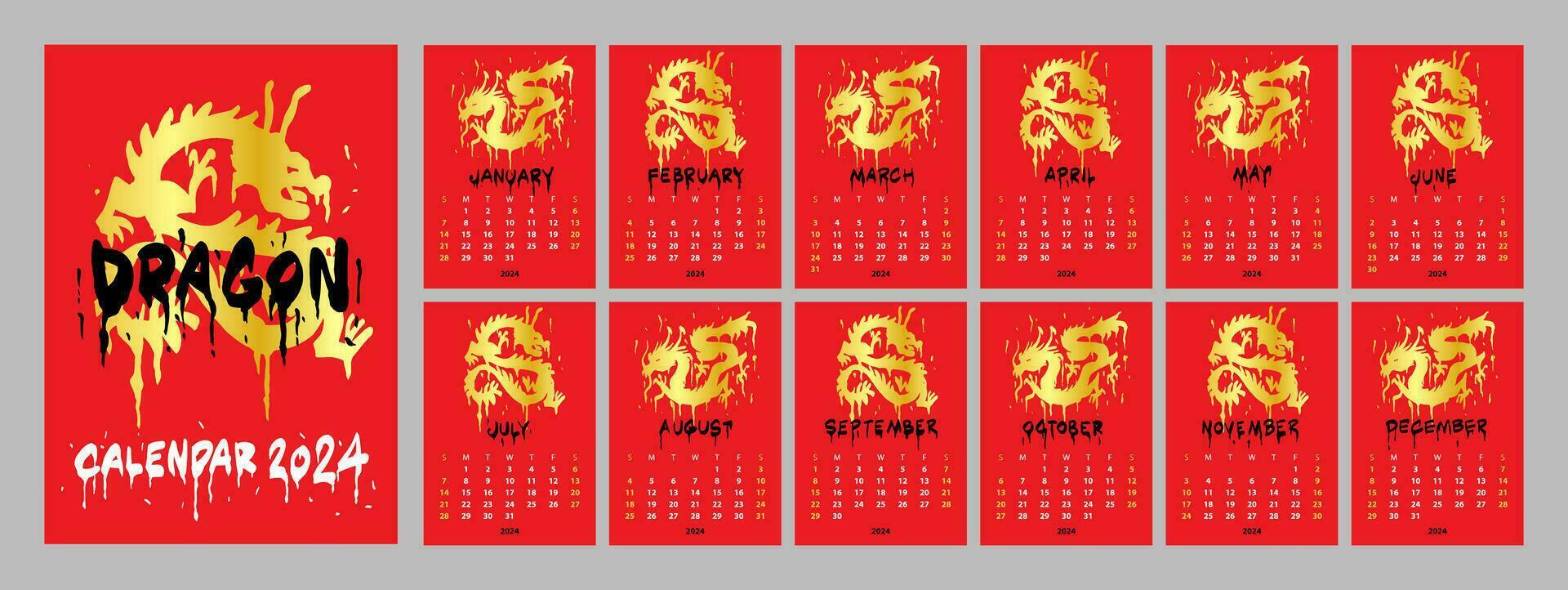 Calendar of 2024. Chinese Dragon New Year. Golden cool dragon on a red background. Graffiti and paint vector