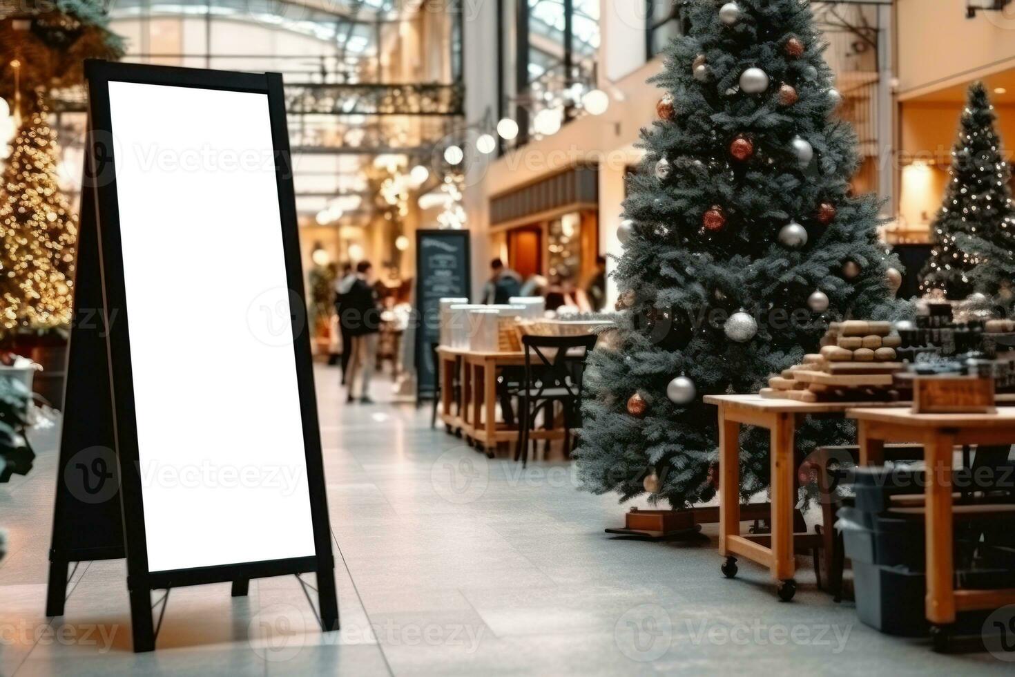 Empty blackboard sign mockup in front of a restaurant. Generative Ai photo