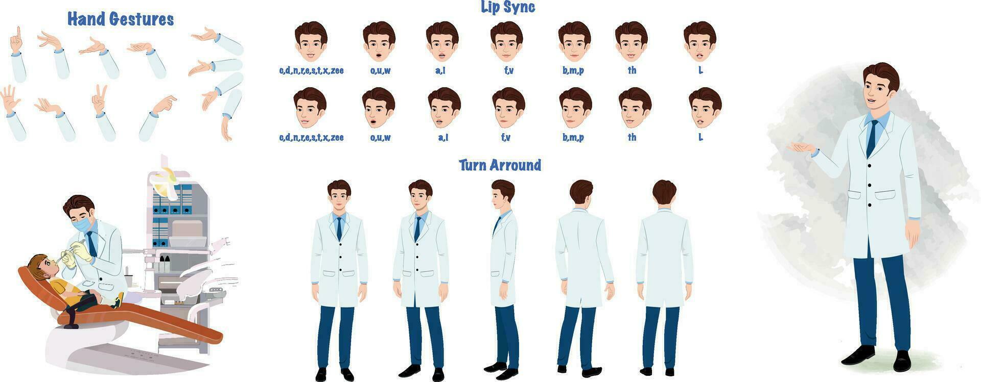 dentista personaje modelo hoja. doctor, dentista personaje creación colocar. salud trabajador Giro de vuelta sábana vector