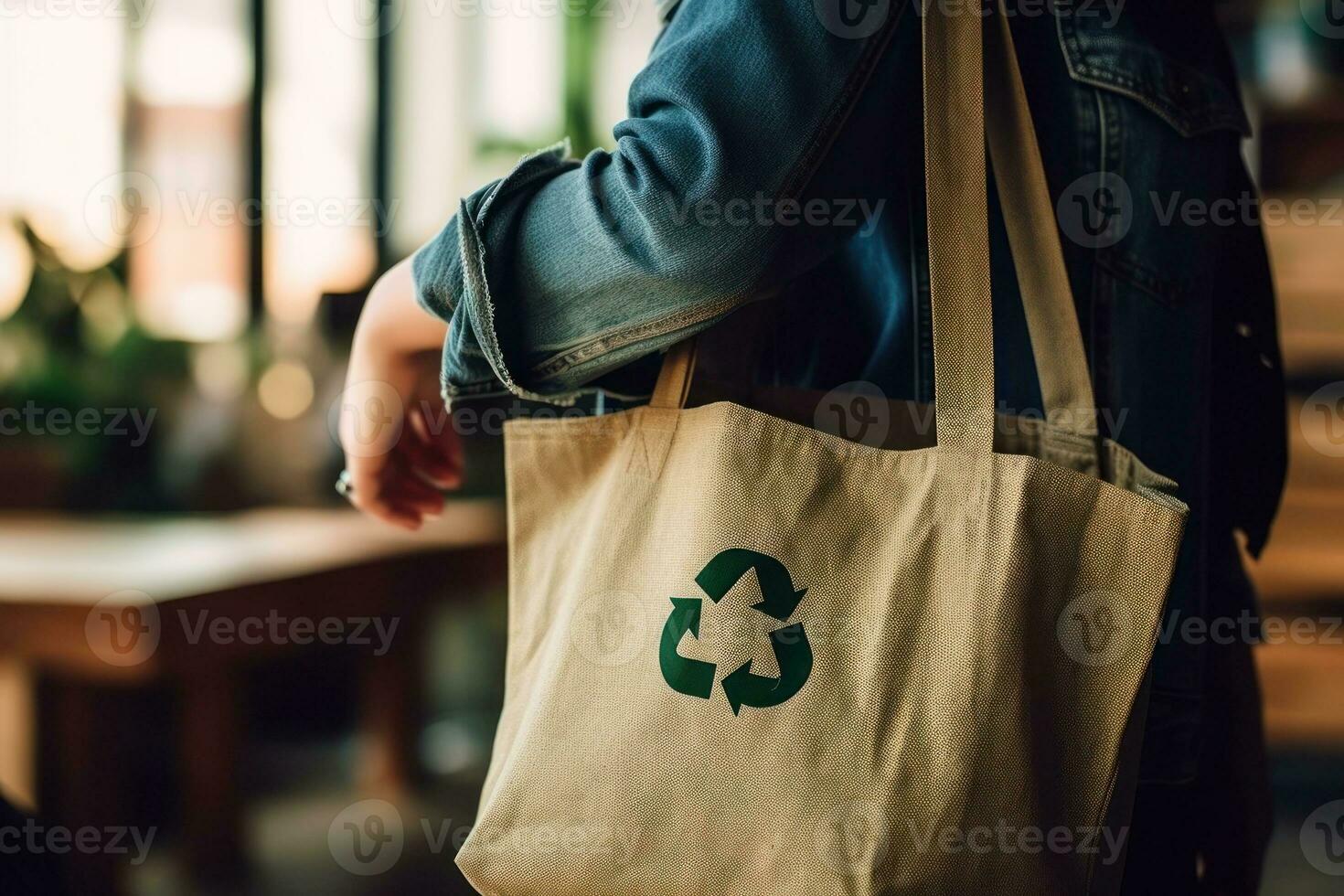 Recycle symbol on hand and bag, sustainable and eco environment concept. Generative AI photo