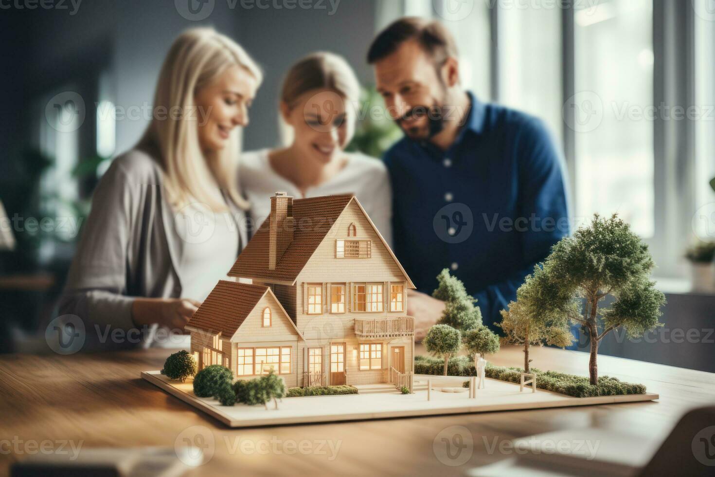 Real estate agent or realtor signing mortgage agreement for new home with couple of happy young clients. Concept of home loan and buying own property. Generative AI photo