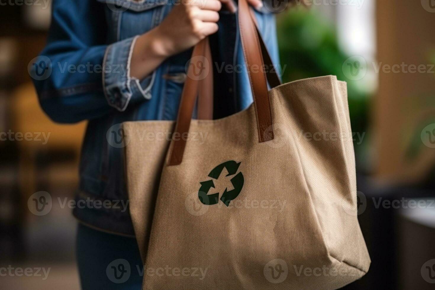 Recycle symbol on hand and bag, sustainable and eco environment concept. Generative AI photo