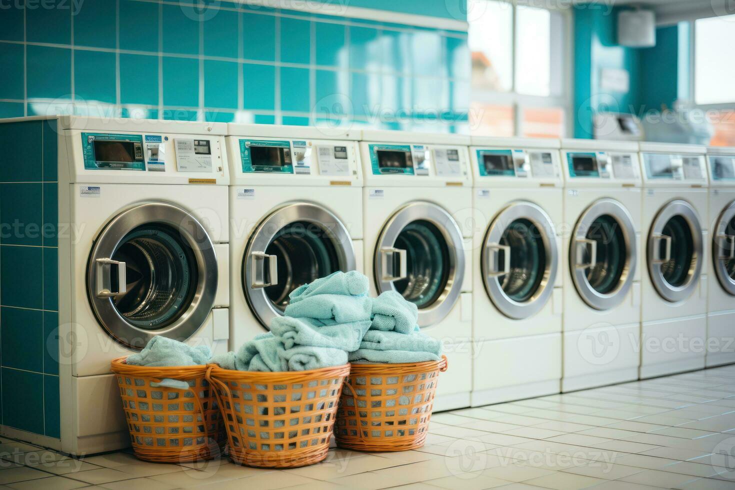 Row of washing machine of laundry business in the public store. Generative AI photo