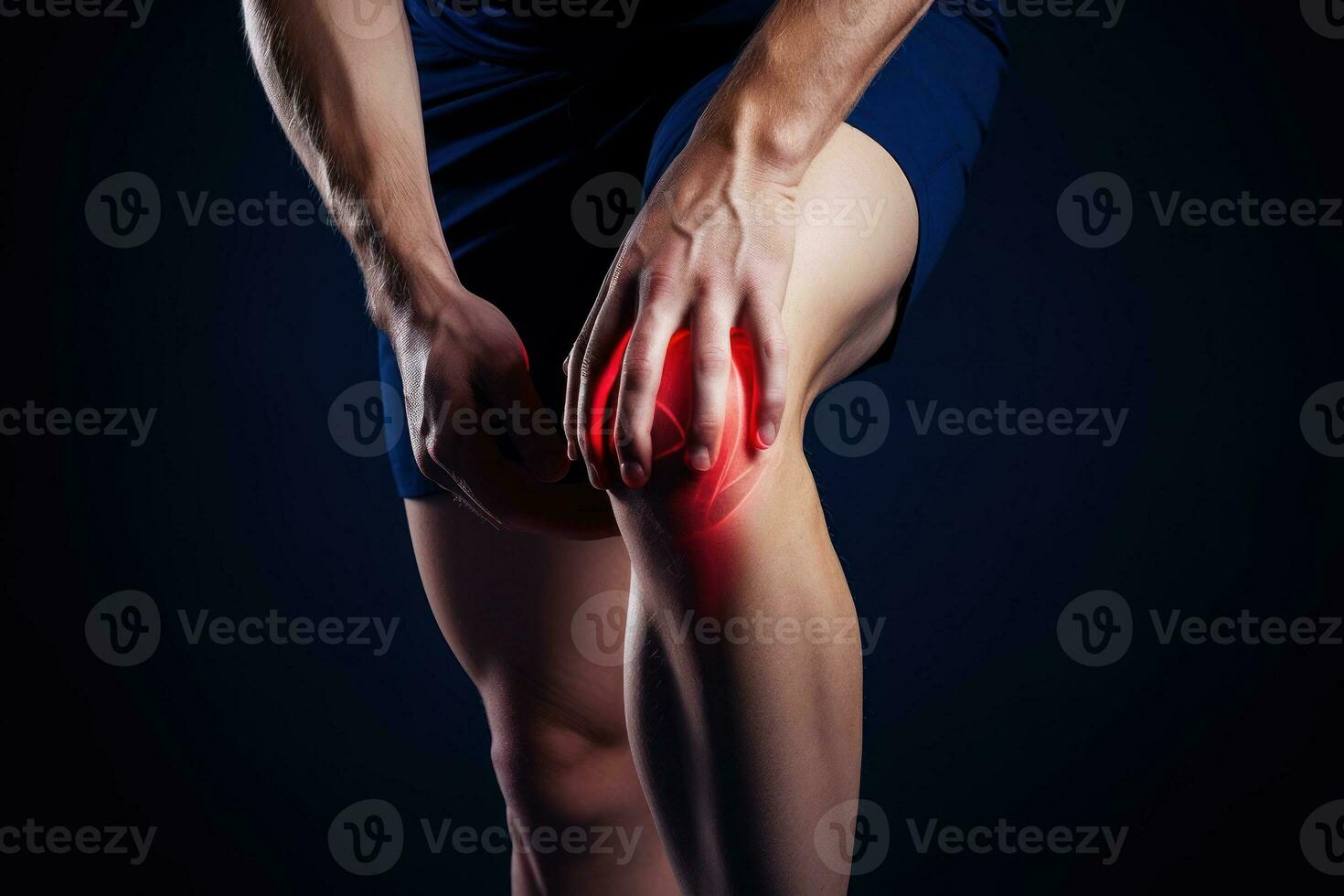Close up older man touching knee with hands, feeling pain. Generative AI photo
