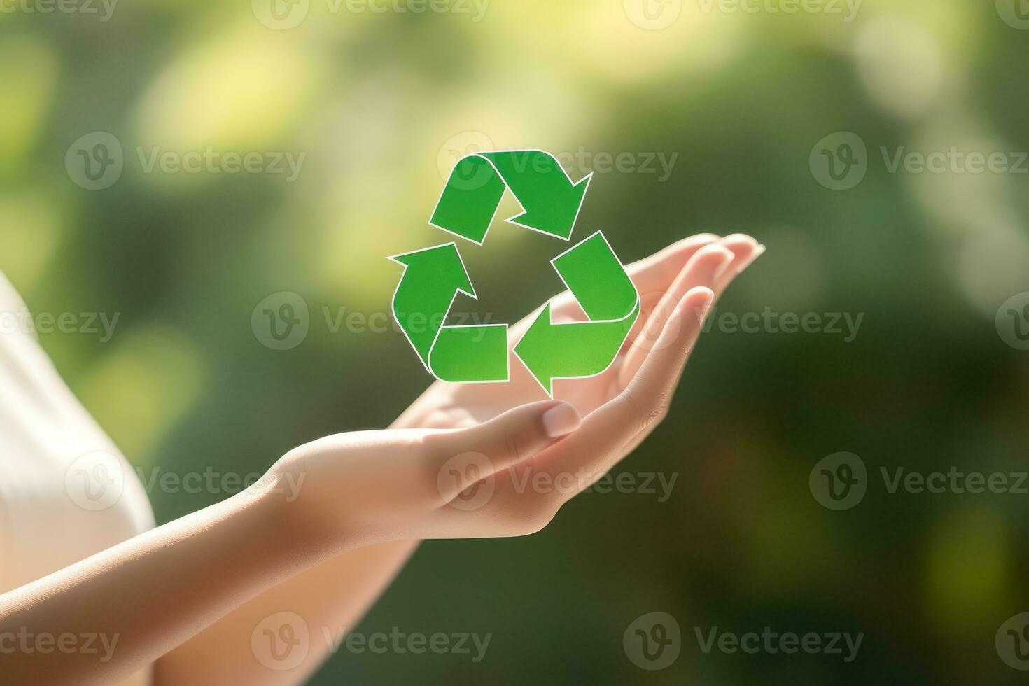 Recycle symbol on hand and bag, sustainable and eco environment concept. Generative AI photo