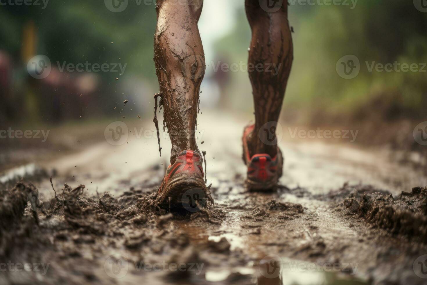 Group of close legged runners running on land . Athletics in the mud. Image generated by AI. photo