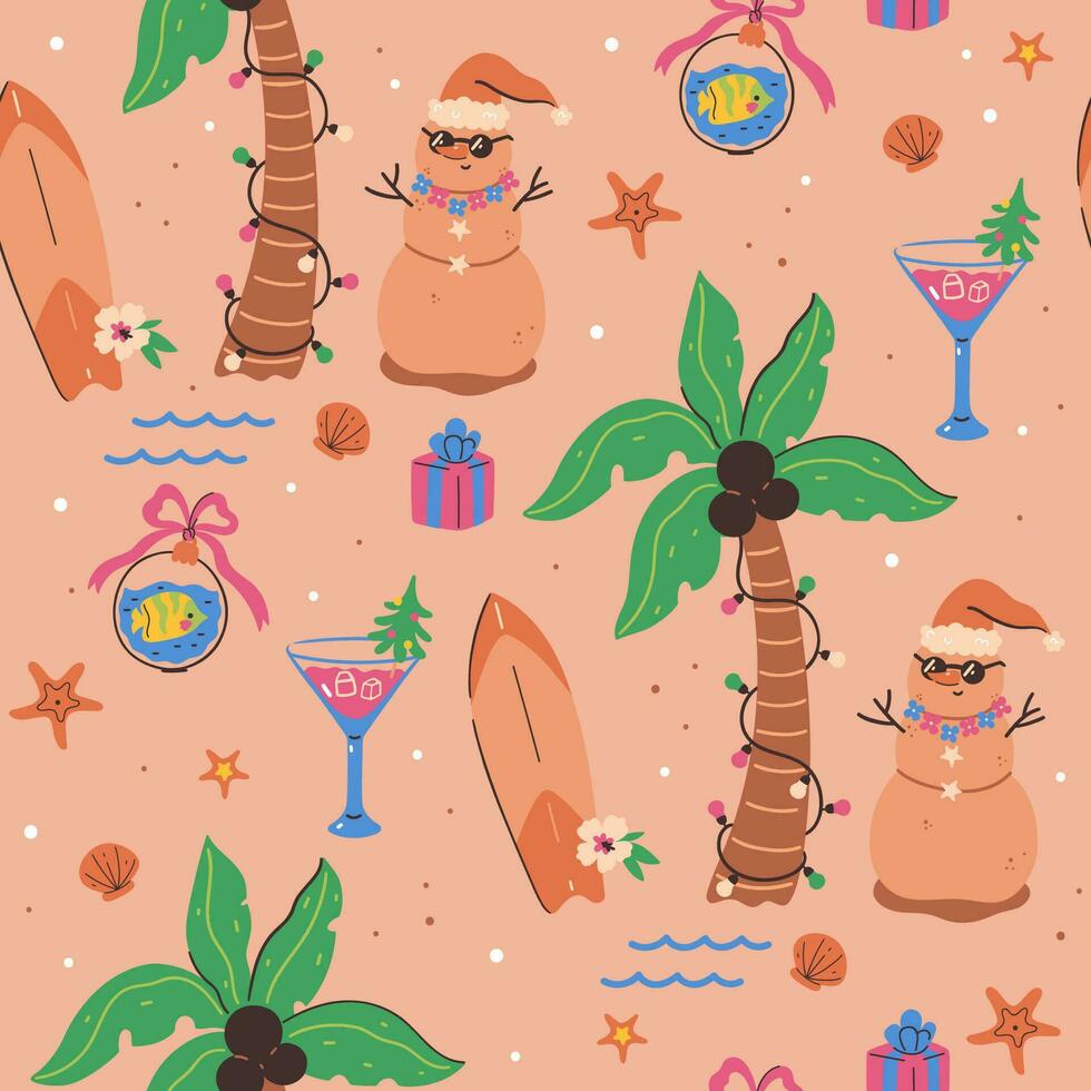 Seamless pattern with sand snowmen, surfboards and palm trees. Vector graphics.